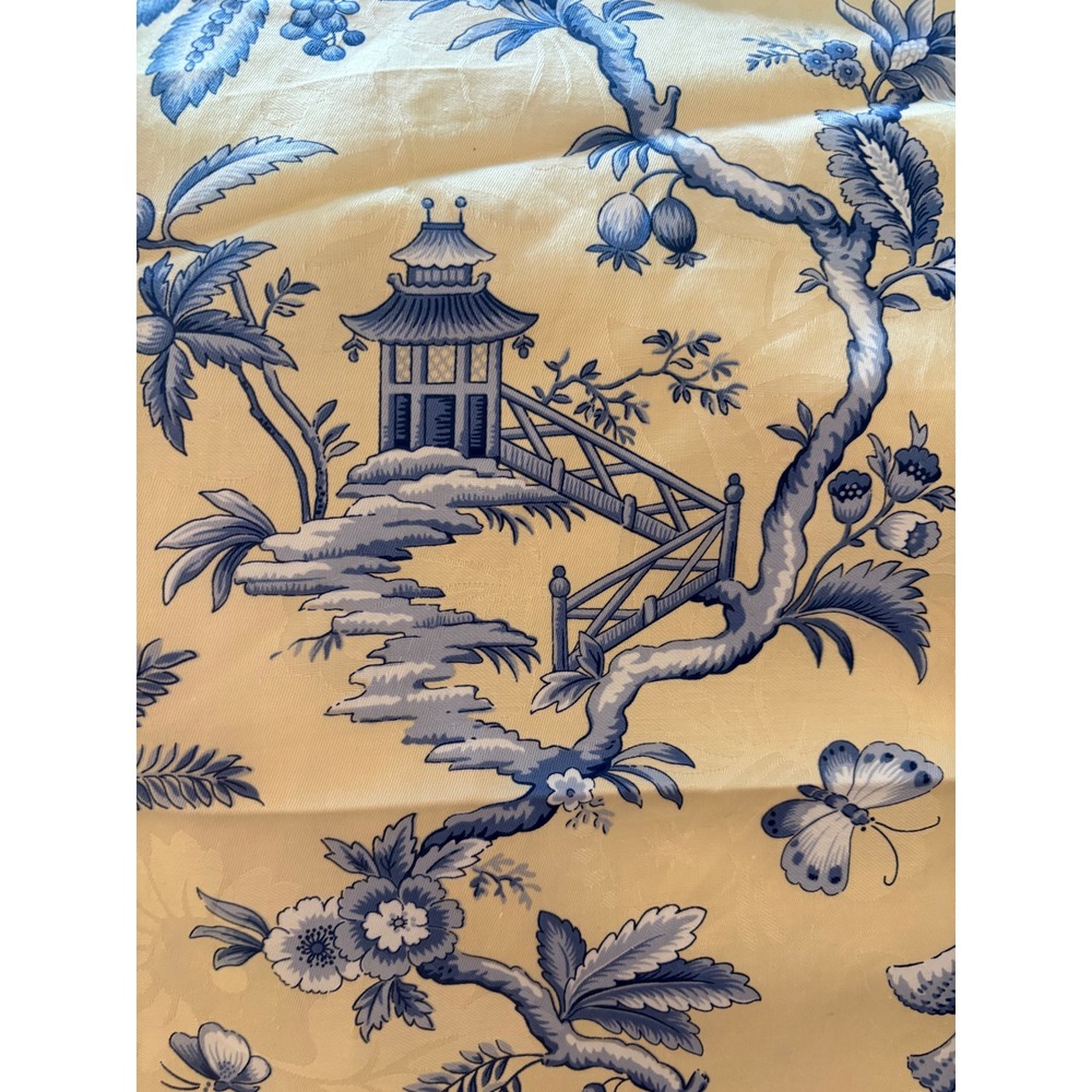 Jay Yang Design Chinoiserie Toile Fabric Blue Yellow Pagoda Damask